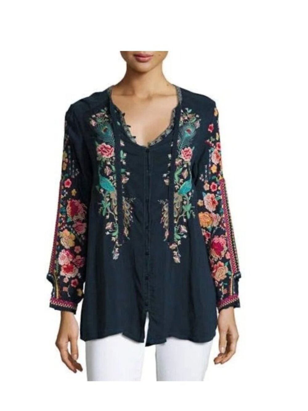 JOHNNY WAS Peacock Sable Navy Embroidered Whimsical Long Sleeve Blouse size L